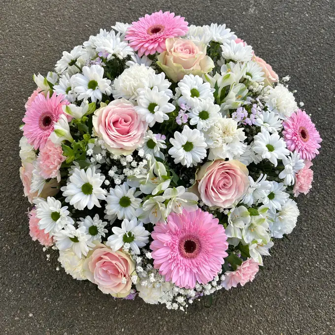 Coussin rond de marguerites blanches et gerberas roses